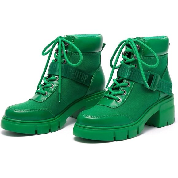 Women's Green Combat Boots Chunky Lug Sole Ankle Boots Lace Up Buckle Casual - Picture 6 of 6